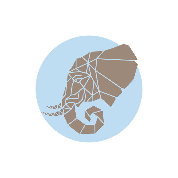 几何大象的头由三角形的形状。蓝色背景上的棕色大象。矢量插图。庞大的头。图片下载