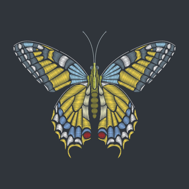 在黑色的背景上绣着燕尾蝶。矢量装饰项目的刺绣，补丁和标签图片下载