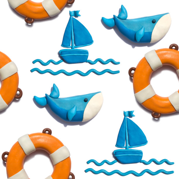 橡皮泥手工制作的夏日旅行无缝图案。图片下载