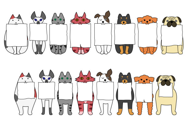 站着或坐着的猫和狗嘴里含着木板图片下载