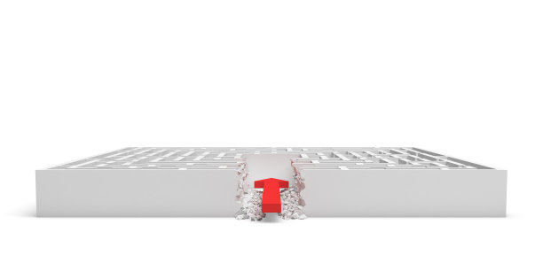 一个正方形迷宫的3d渲染，红色箭头借到中心，孤立在白色背景上图片下载