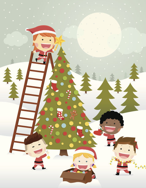 复古-孩子们装饰圣诞树图片下载