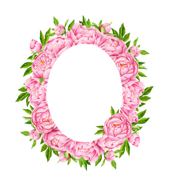 牡丹鲜花花环。嫩粉色的花。婚礼设计。水彩插图图片下载