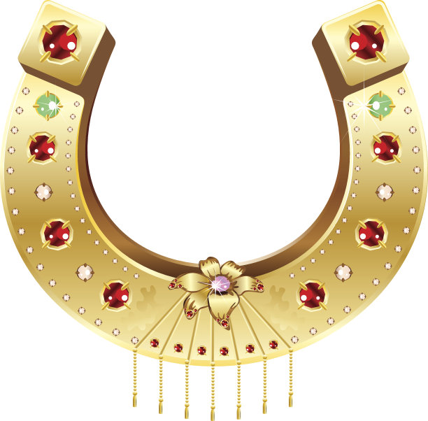 用宝石和鲜花装饰的金色马蹄铁图片下载