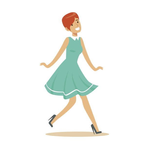 穿着蓝色裙子的女孩沉浸在幸福和快乐的狂喜中，快乐的微笑卡通人物图片下载