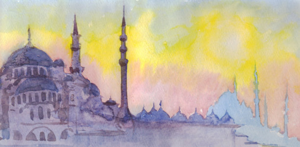 清真寺。绘画。水彩图片下载