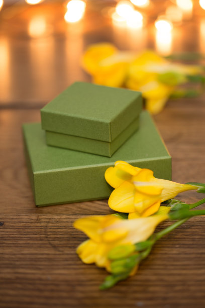带有鲜花和晚间灯光的礼品盒图片下载