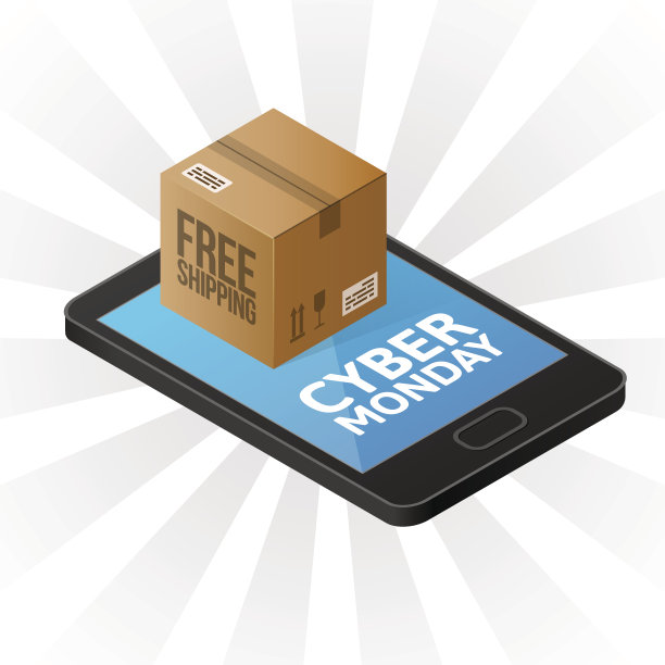 星期一的背景。等距智能手机与纸盒密封胶带分配器。网上购物，免费送货理念。销售、电子商务、零售、折扣主题。矢量插图。图片下载