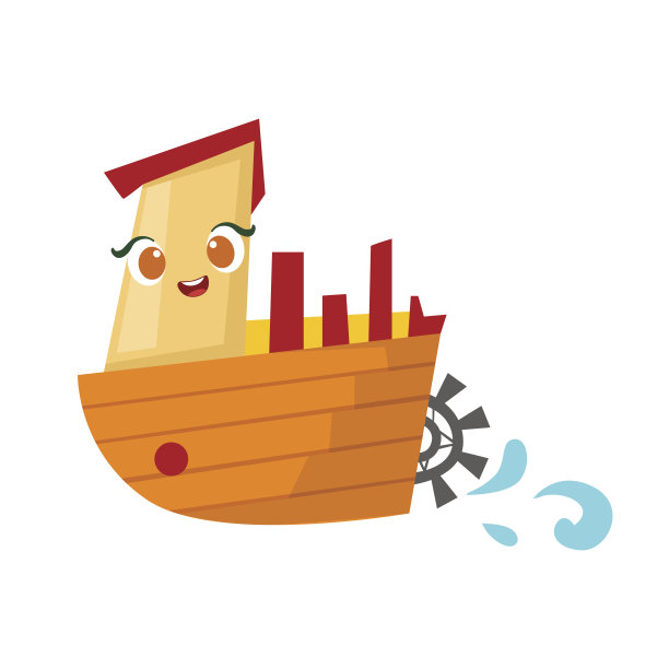 复古的船尾与桨轮，可爱的女孩玩具木制船与脸卡通插图图片下载