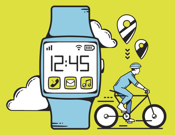 向量插图的蓝色智能手表与自行车和云图片下载