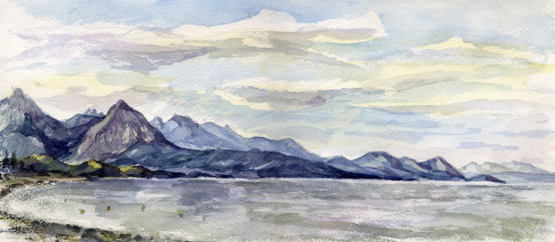 山海水彩画山海水彩画素材图片