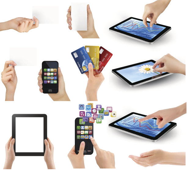 一组手持不同业务对象的手。向量illustra图片下载