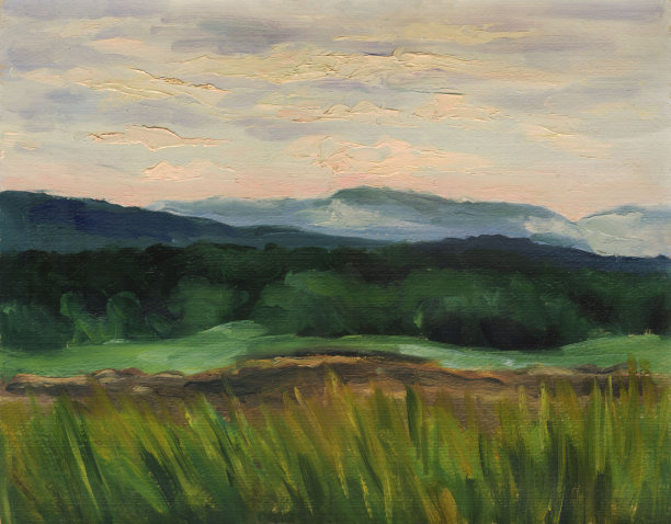 夏季景观，全景，高山，森林。油画图片下载