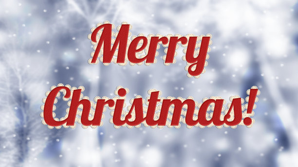 红色圣诞祝福在雪花背景和模糊的树木。图片下载