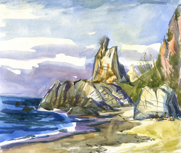 海滩上的岩石水彩画图片下载