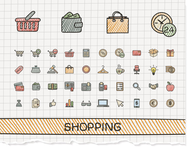 购物手绘线条图标。矢量涂鸦象形图集图片下载