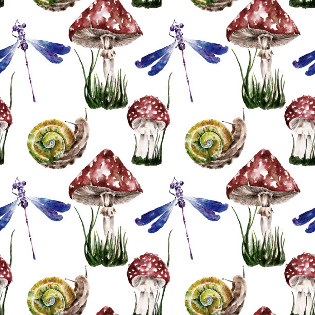 鹅膏，蜗牛，蜻蜓，蘑菇无缝图案。水彩插图。图片下载