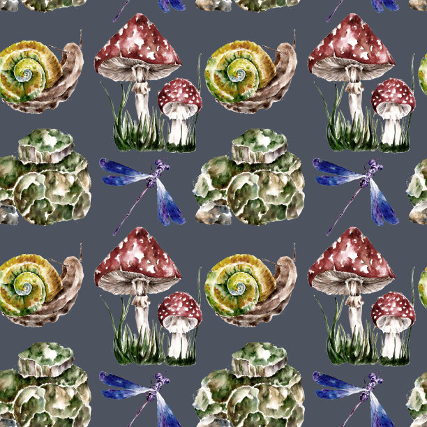 鹅膏，蜗牛，蜻蜓，蘑菇无缝图案。水彩插图。图片下载