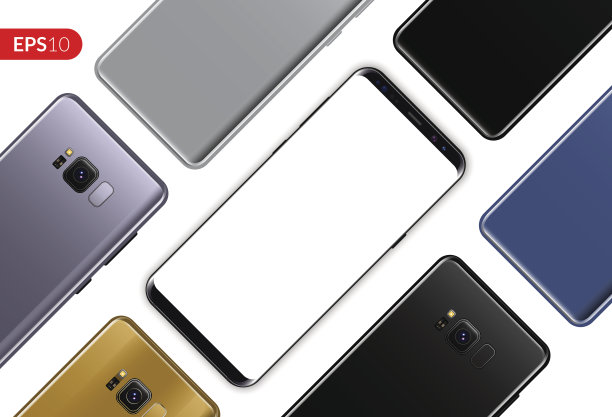 手机，手机智能手机设计对角线组成孤立在白色背景模板。现实的矢量模型手机。图片下载