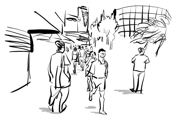 人们在城市旅游手绘卡通素描图片下载