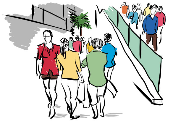 人们在城市旅游手绘卡通素描图片下载