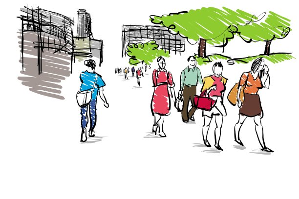 人们在城市旅游手绘卡通素描图片下载