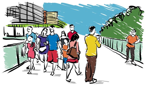 人们在城市旅游手绘卡通素描图片下载