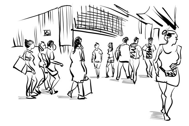 人们在城市旅游手绘卡通素描图片下载