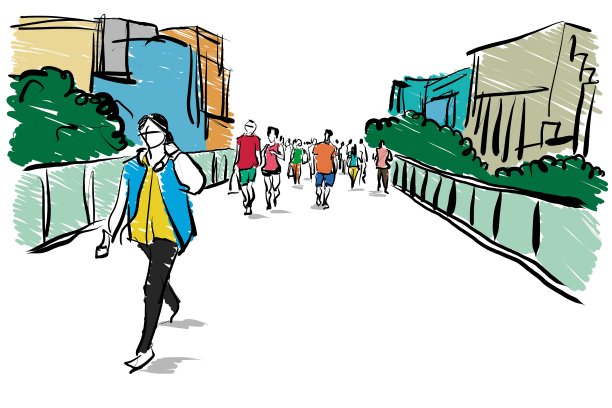 人们在城市旅游手绘卡通素描图片下载