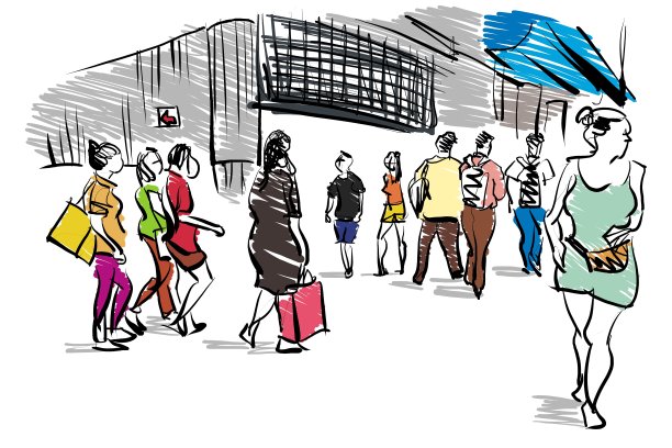 人们在城市旅游手绘卡通素描图片下载