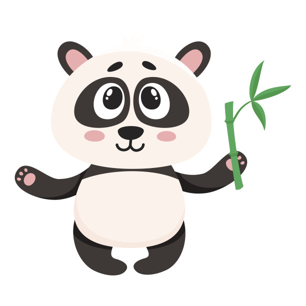 可爱的微笑的小熊猫人物抱着竹枝在爪子图片下载
