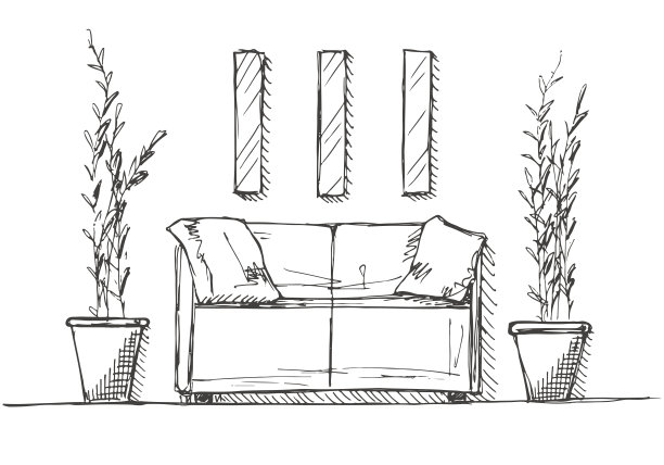 房间的一部分。沙发，花盆里的植物和墙上的一幅画。室内的线性草图。房间的计划。手绘矢量插图的草图风格。素材图片