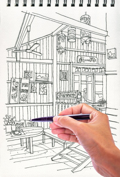 泰式咖啡店室内插画手绘图片下载