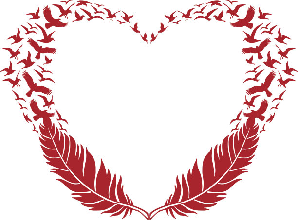 有羽毛的红心和会飞的鸟，矢量素材图片