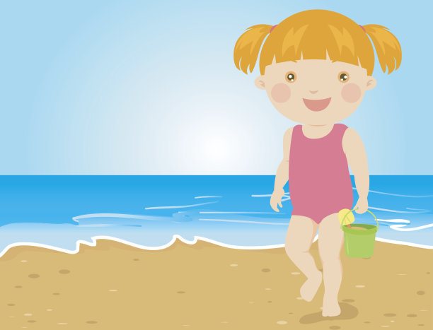 一个带着水桶的小女孩在海边图片下载