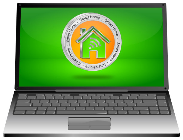 笔记本电脑与智能Home按钮- 3D插图图片下载