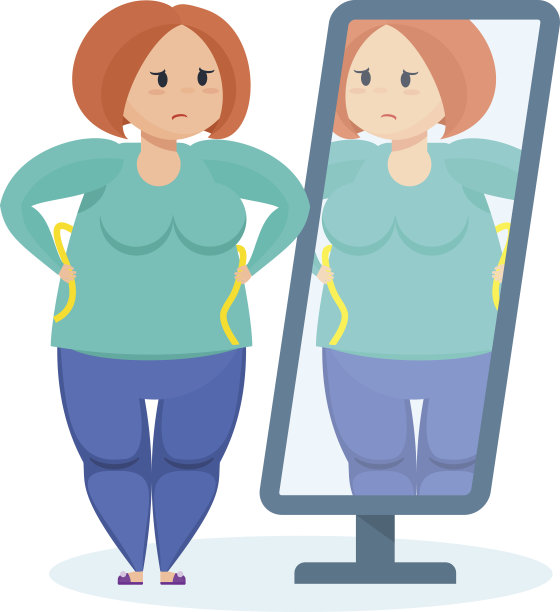 丰满的女孩看着镜子，想减肥图片下载