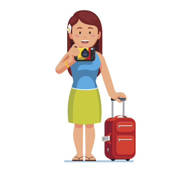 女游客拿着行李站在那里拍照图片下载