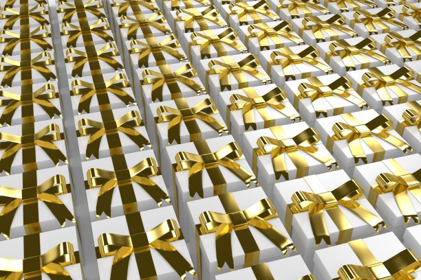 许多圣诞礼物与金弓背景3D插图图片下载