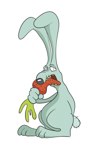 卡通兔子或野兔吃胡萝卜，矢量插图图片下载