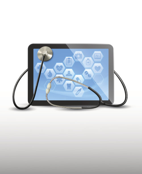 带有医疗图标和听诊器的平板电脑。向量。图片下载