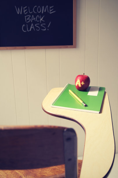 老式书桌苹果笔记本和铅笔图片下载