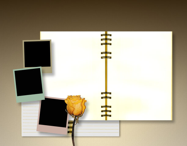 用即时照片和黄色玫瑰清空打开的旧书。图片下载