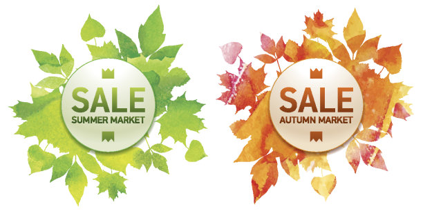 夏季市集和金秋市集，四季大甩卖，花束树叶，手工绘制水彩纹理。黄色和绿色组成。矢量设计艺术图片下载