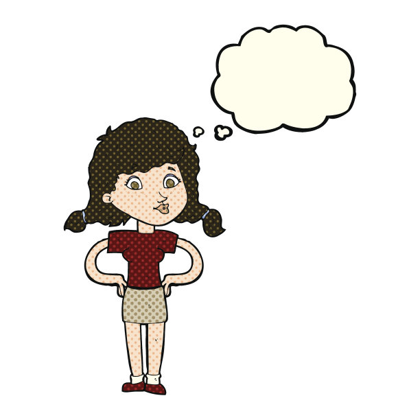 卡通漂亮的女孩与手在臀部与思想泡沫图片下载