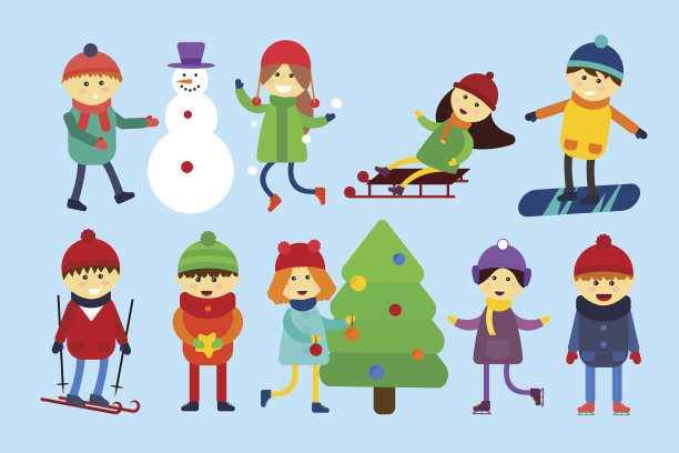 圣诞节的孩子们玩冬季游戏。滑冰，滑雪，拉雪橇，女孩和图片下载