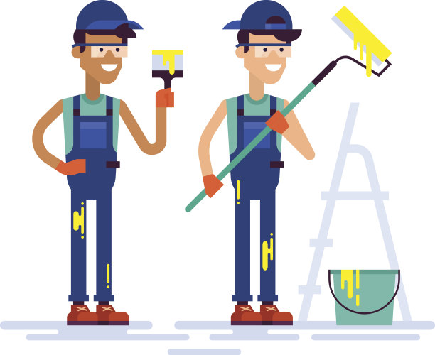 两个油漆工拿着刷子和滚筒。平的。图片下载