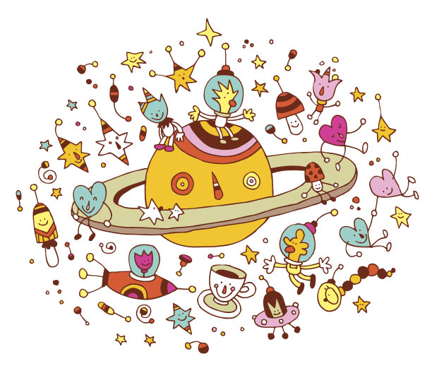 卡通土星与一组人物空间宇宙插图图片下载