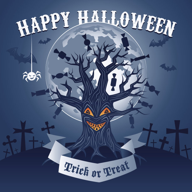 万圣节插图与魔法树素材图片