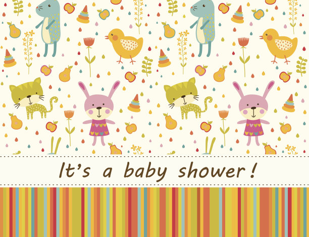 彩色宝宝淋浴背景与猫，鸡和兔子图片下载